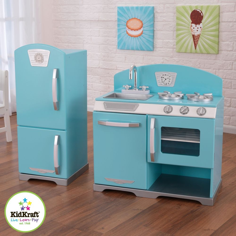Kids Craft Kitchens
 Blue Retro KITCHEN & Refrigerator Pretend Play Set Kids