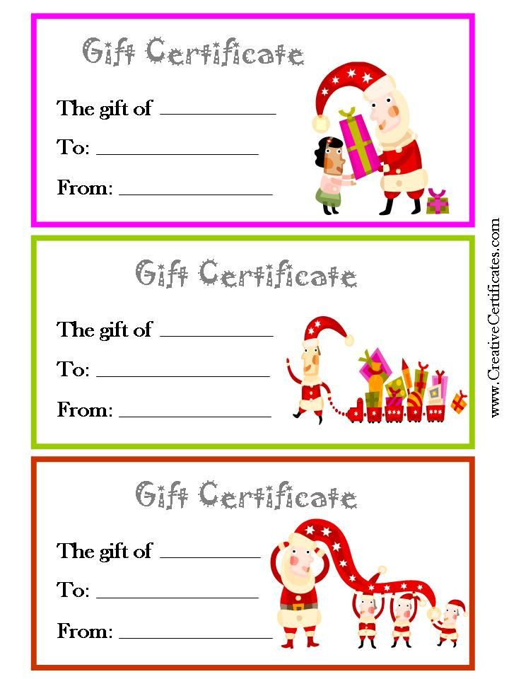 Kids Gift Cards
 3 printable Christmas t certificate templates on one