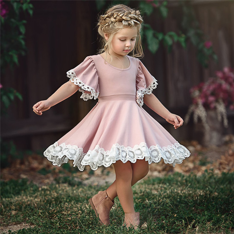 Kids Girls Party Dresses
 Kids Baby Girls clothes Lace Princess round neck short