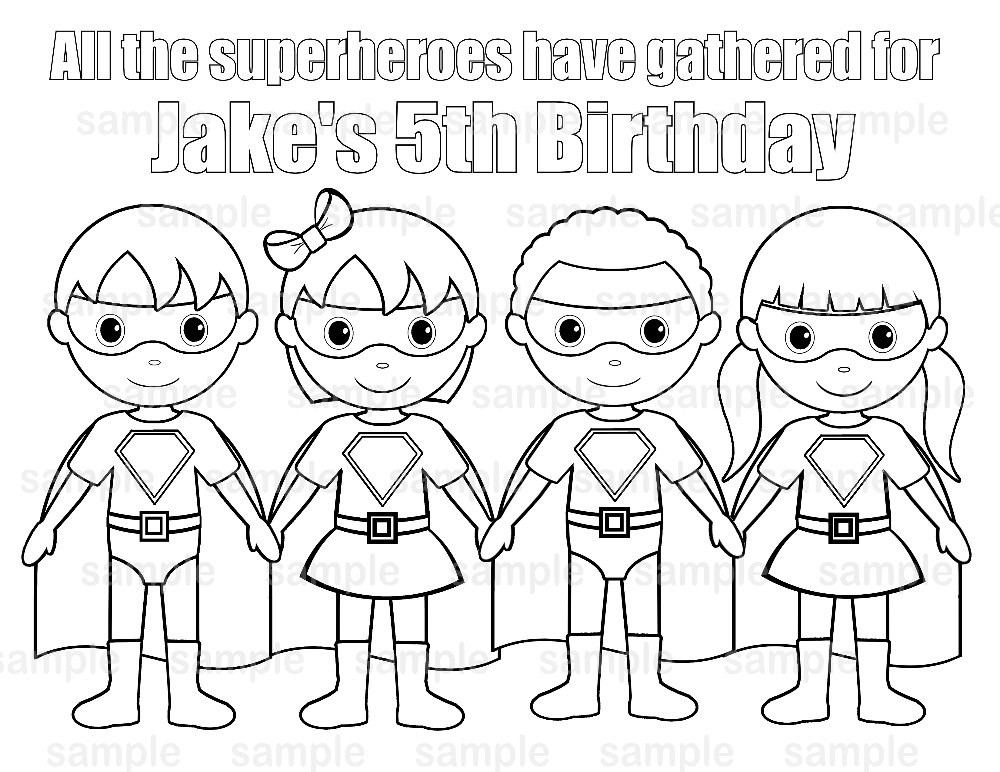 Kids Superhero Coloring Pages
 Personalized Printable SuperHero boy girl group Birthday