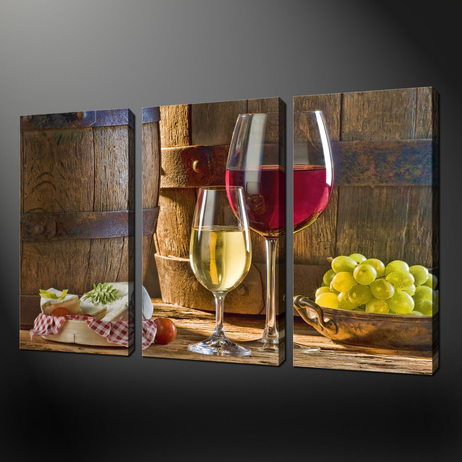 Kitchen Canvas Wall Art
 Wine Greapes Cheese 3 Panels Kitchen Art Canvas Print