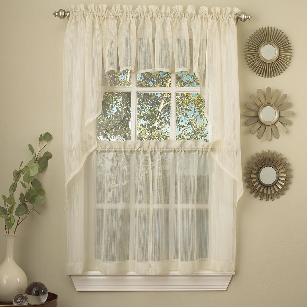 Kitchen Swags Curtains
 Harmony Ivory Micro Stripe Semi Sheer Kitchen Curtains