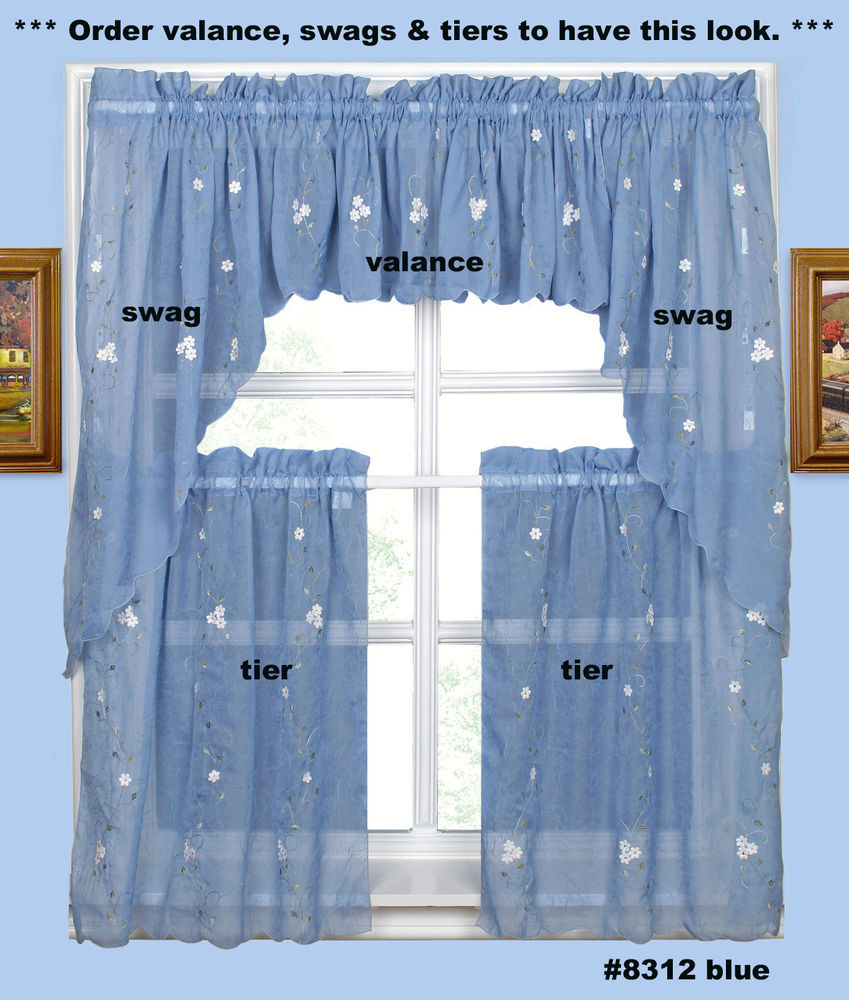 Kitchen Swags Curtains
 Daisy Embroidery Kitchen Curtain Valance Tiers or Swags