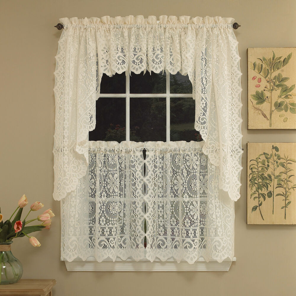Kitchen Swags Curtains
 Hopewell Heavy Cream Lace Kitchen Curtain Choice of Tier