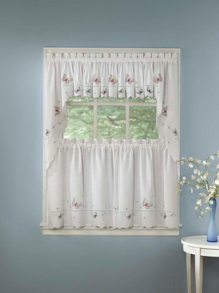 Kitchen Swags Curtains
 Monarch Embroidered Butterfly White Kitchen Curtains