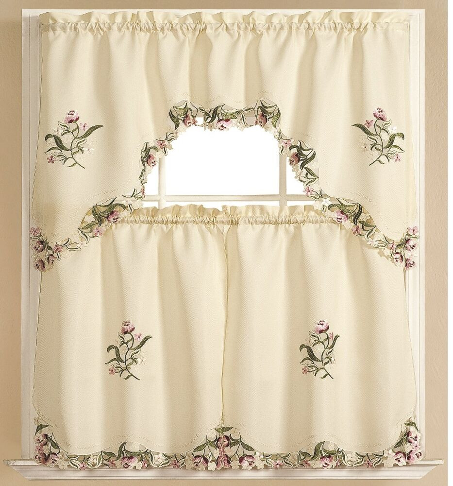 Kitchen Swags Curtains
 Kitchen Curtain embroidered 3 pc Applique Set e Swag