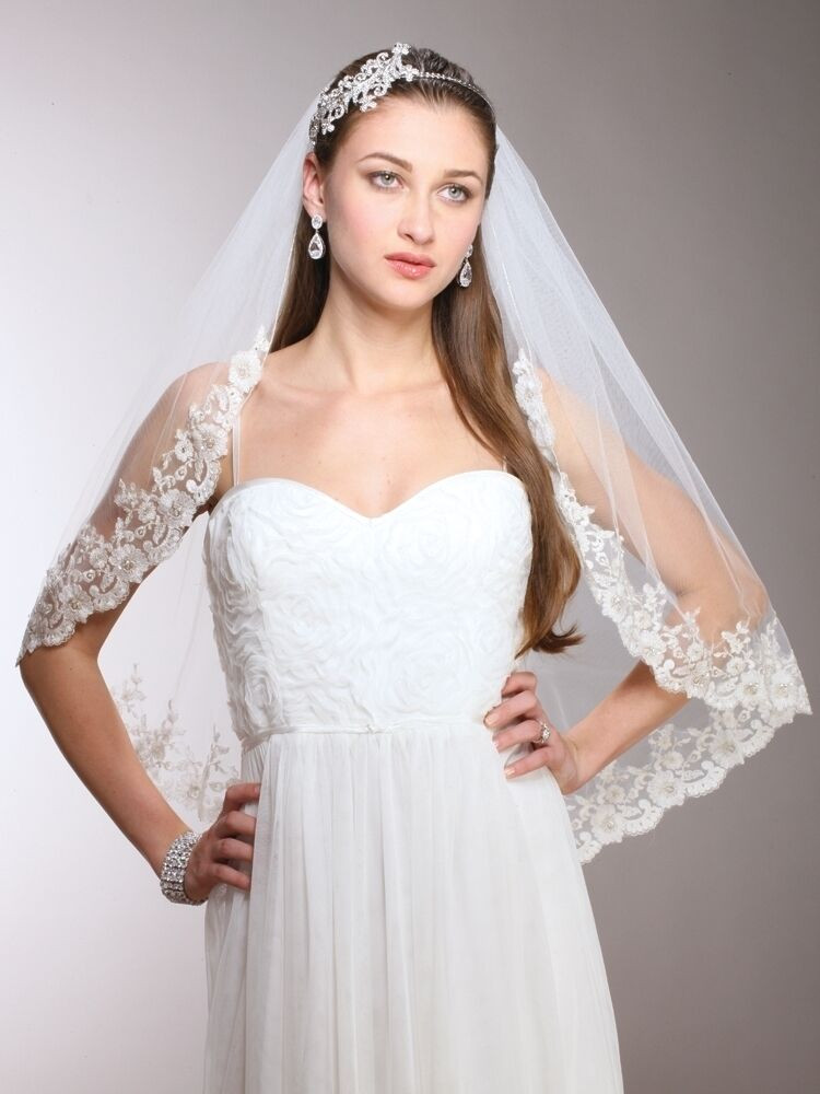 Lace Veil Wedding
 Vintage White Ivory Crystal Edge Waist Length Mantilla