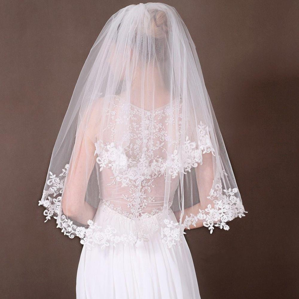 Lace Veil Wedding
 Beautiful 2 Layer White Ivory Elbow Lace Edge Wedding