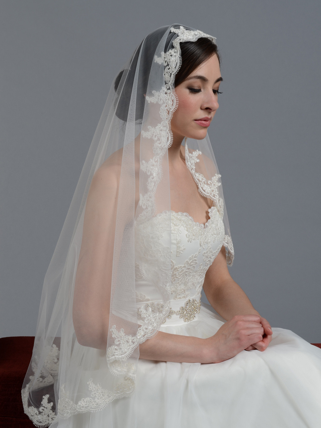 Lace Veil Wedding
 Mantilla veil fingertip chapel alencon lace wedding veil V027