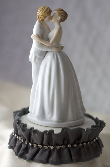 Lesbian Wedding Cake Topper
 Antique Silk and Rhinestones Lesbian Couple Wedding Cake