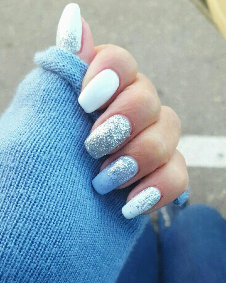 Light Blue Glitter Nails
 White light blue glitter silver gel nails