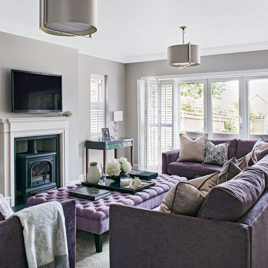 Light Gray Living Room
 Light grey living room with lilac sofa