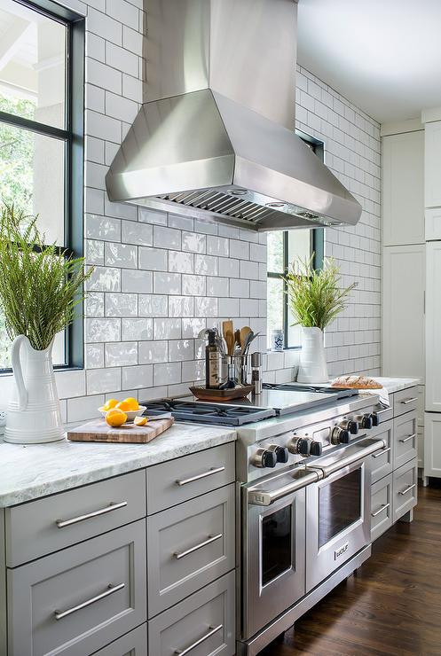 Light Gray Subway Tile Kitchen
 Light Gray Kitchen Cabinets with White and Gray Granite