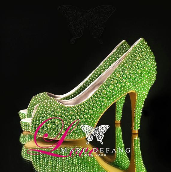 Lime Green Wedding Shoes
 3 5 Heels Lime Green Mixed Pearls Luxury Peep Toe Heels by