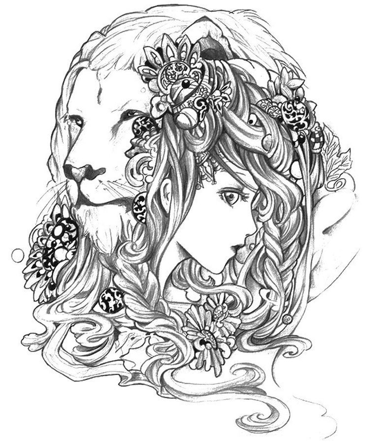 Lion Coloring Pages For Adults
 advanced abstract coloring pages of lion and girl for