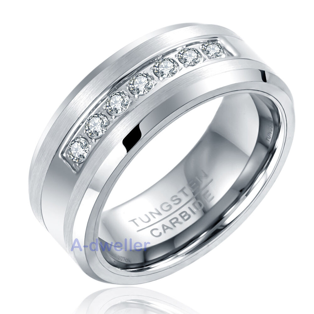 Male Wedding Bands With Diamonds
 8MM Mens Tungsten Ring Round Diamond Inlay Center Brushed