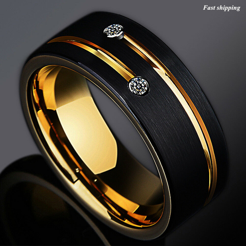 Male Wedding Bands With Diamonds
 8mm Black Brushed Tungsten Ring Gold Grooved Line Diamond