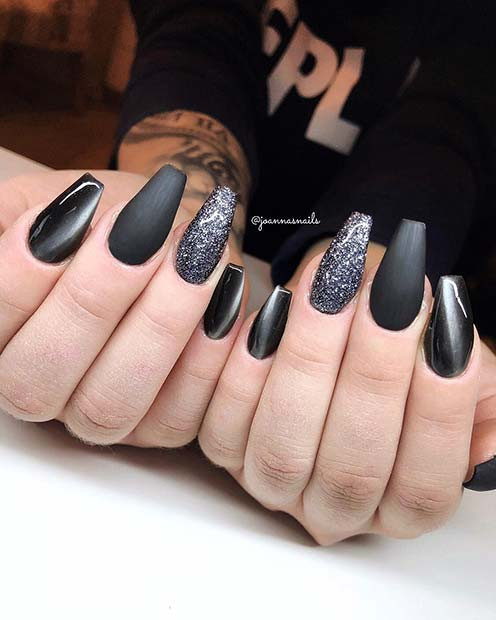Matte Black Nails With Glitter
 21 Bold and Edgy Black Coffin Nails crazyforus