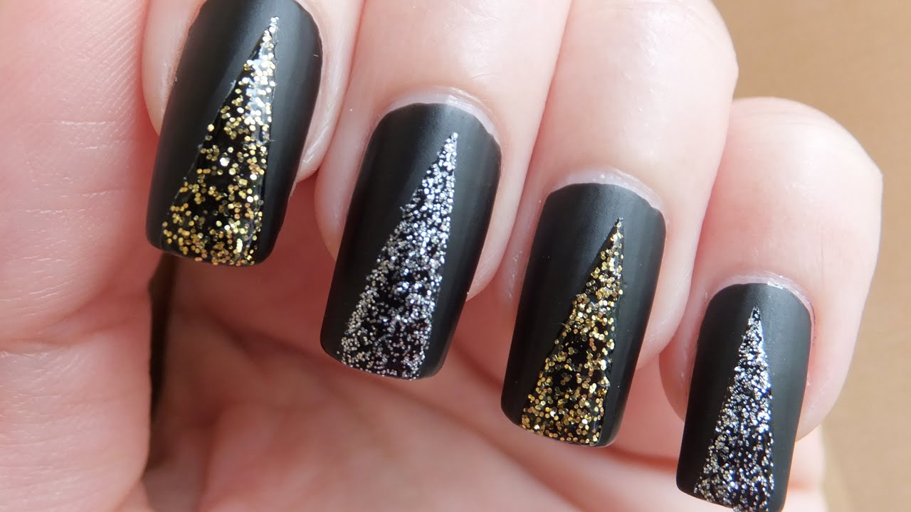 Matte Black Nails With Glitter
 30 Exquisite Black Prom Nails