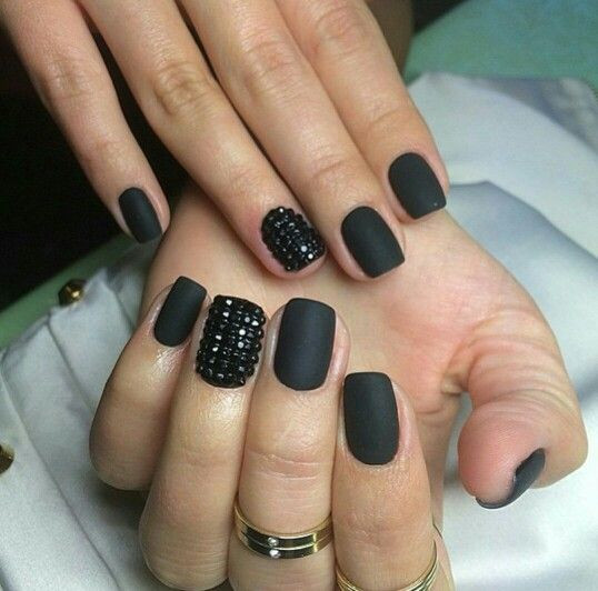 Matte Black Nails With Glitter
 Matte black nails with studs HAIR & MAKEUP