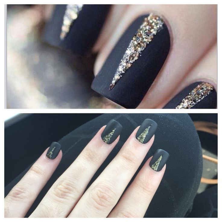Matte Black Nails With Glitter
 Matte black nails with gold glitter detailing Acrylic