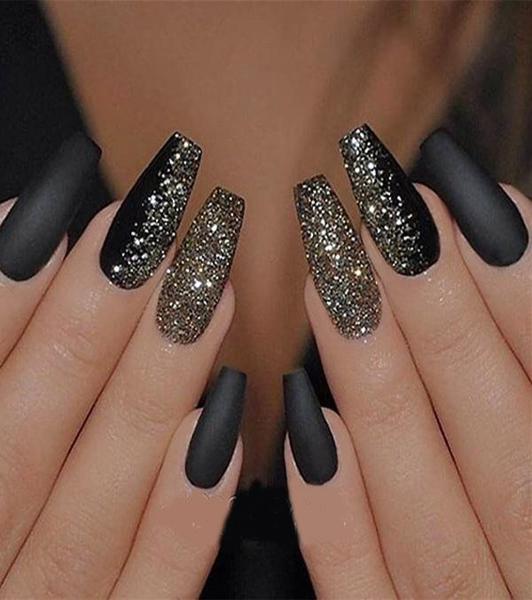 Matte Black Nails With Glitter
 Matte Black with Gold Glitter Nails Art In 2019