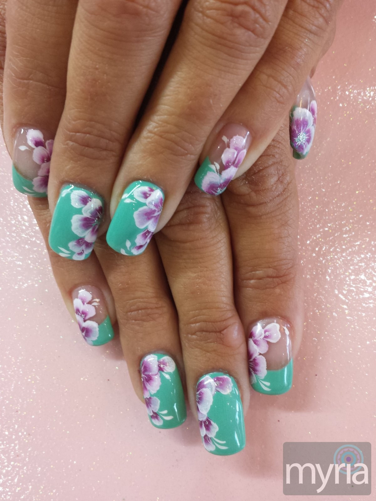 Mint Green Nail Designs
 Mint green gel polish with one stroke flower nail art Myria