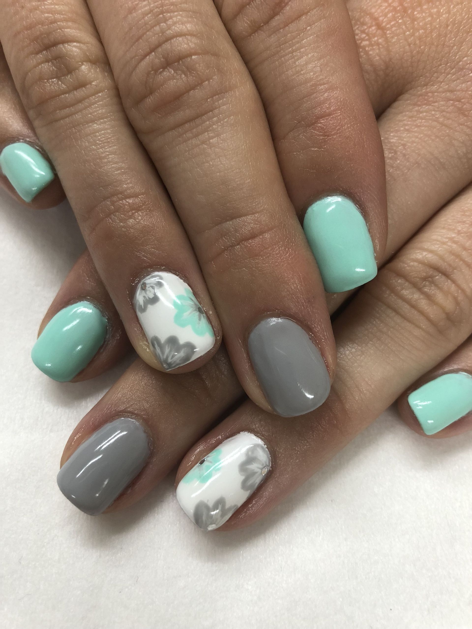 Mint Nail Designs
 Mint Grey Hand Painted Flower Spring Gel Nails