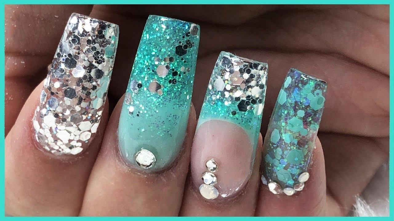 Mint Nail Designs
 ACRYLIC NAILS Mint Green and GLITTER design