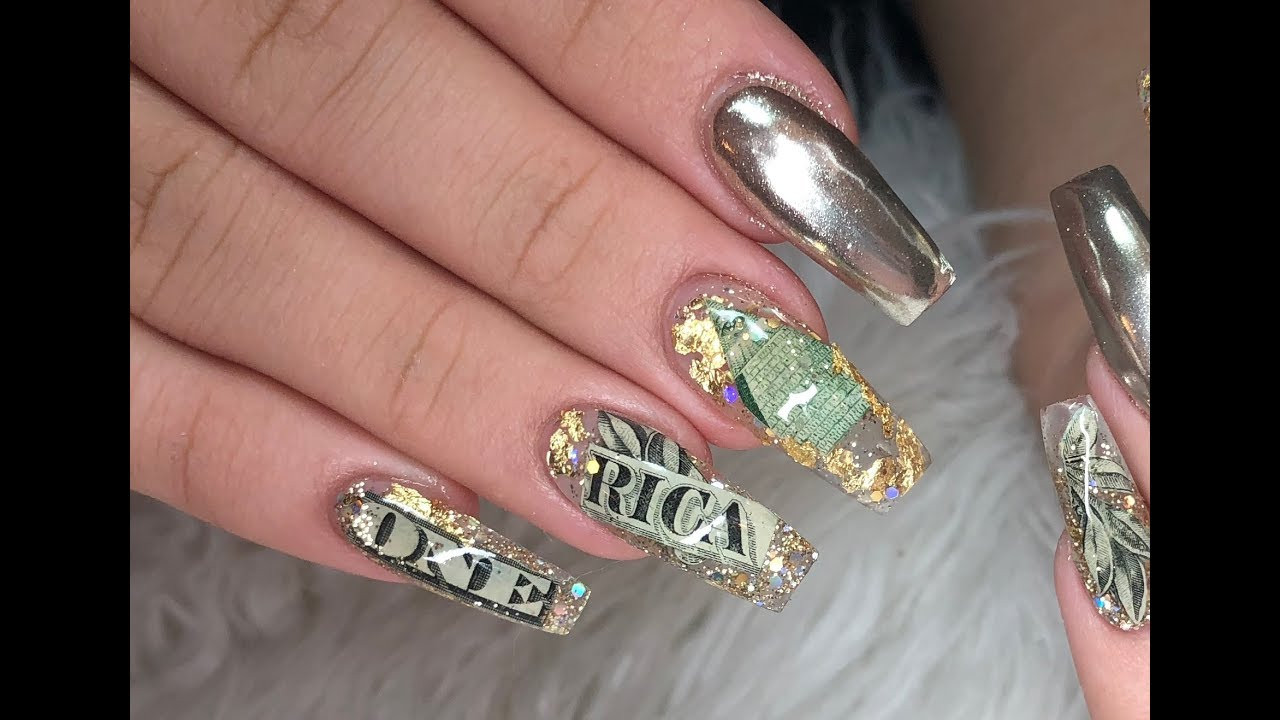 Money Nail Designs
 how to encapsulate money on long coffin nails watch me