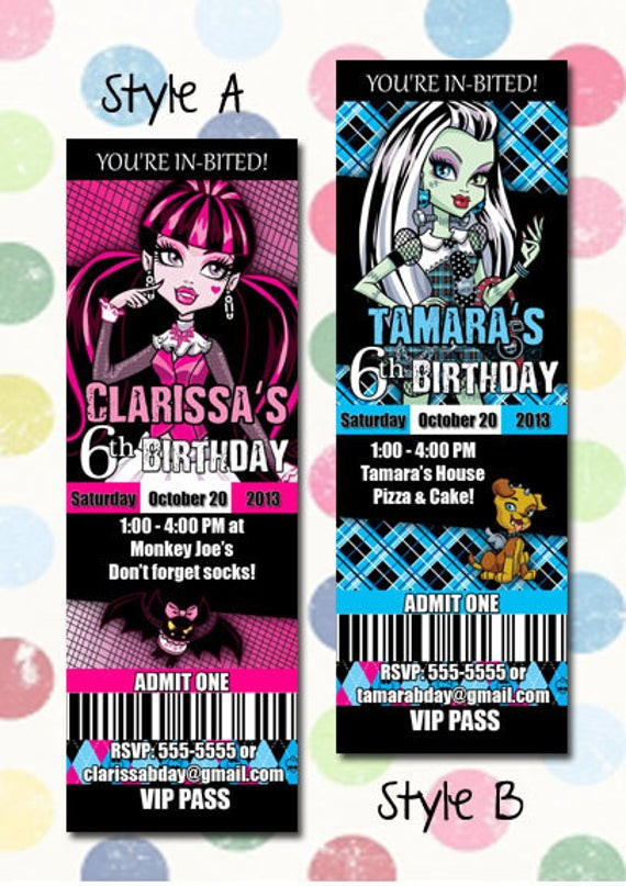 Monster High Birthday Party Invitations
 Monster High Birthday Party Invitation Ticket by DigiPopCards