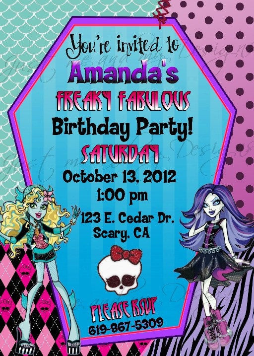 Monster High Birthday Party Invitations
 Monster High Personalized printable Birthday Party Invitation