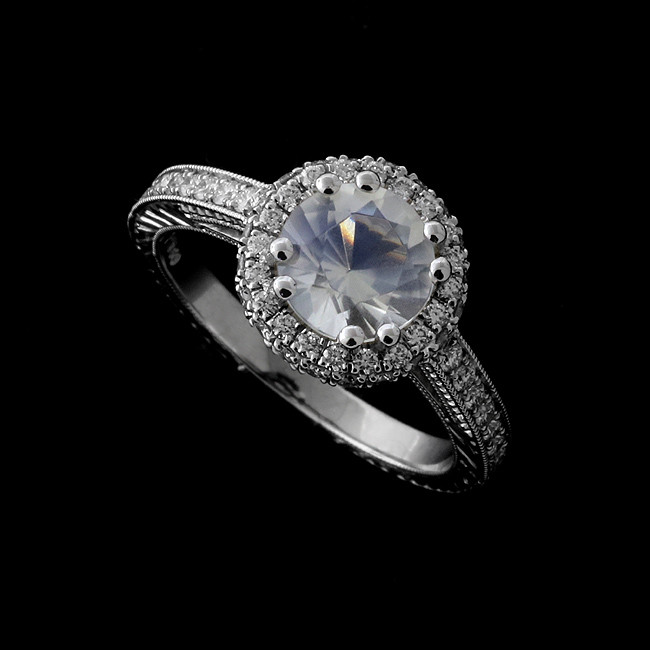 Moonstone Diamond Engagement Ring
 Moonstone Halo Diamond Antique Platinum Engagement Ring