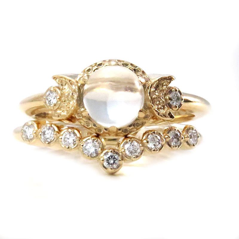 Moonstone Diamond Engagement Ring
 Diamond and Moonstone Engagement Ring Set Moon Phase Wedding
