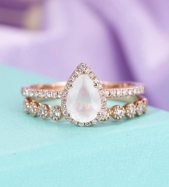 Moonstone Diamond Engagement Ring
 Rose Gold Moonstone Engagement Ring Vintage Delicate Diamond