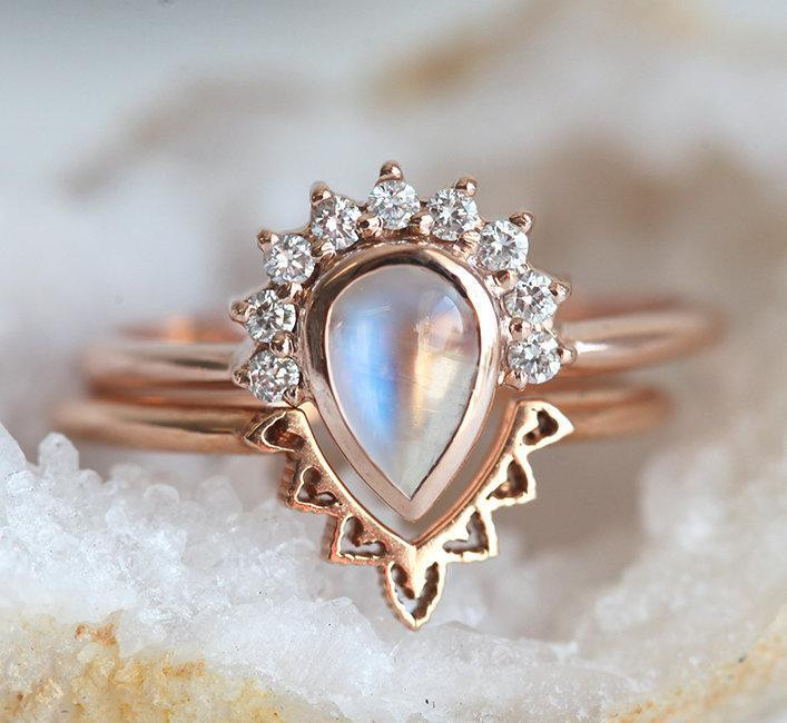Moonstone Diamond Engagement Ring
 Moonstone Engagement Ring Set Rose Gold with Pear