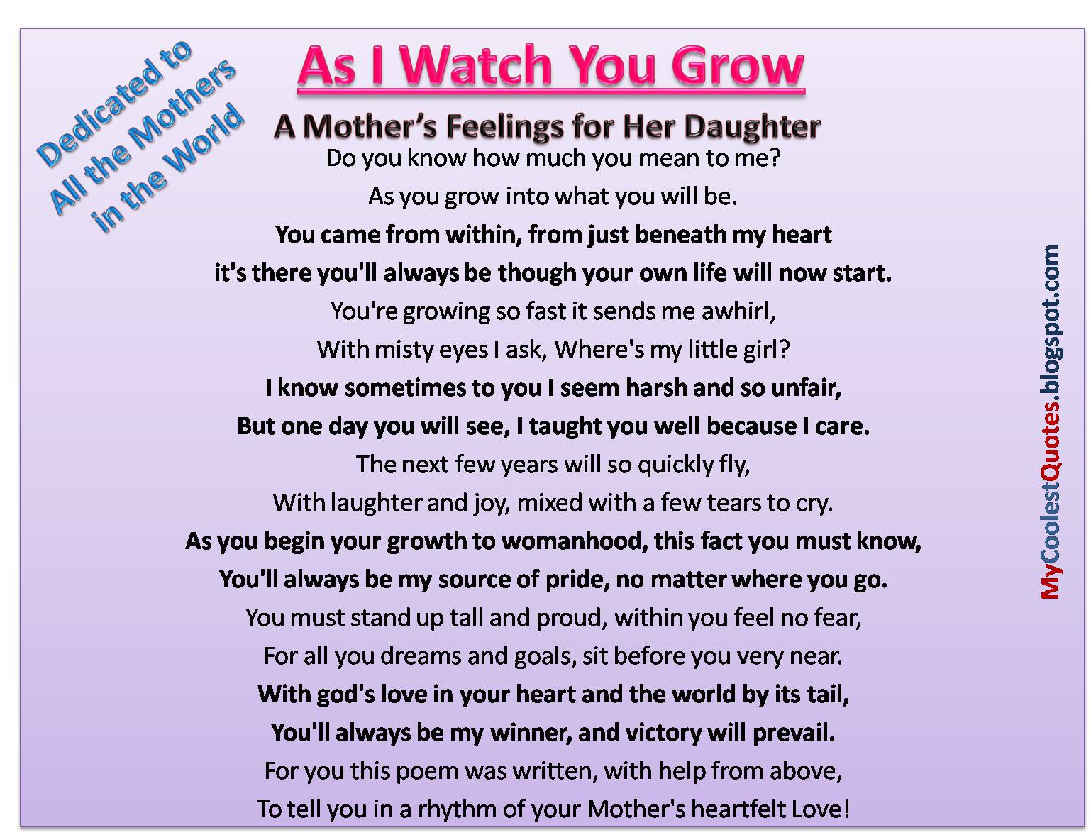 Mother To Daughter Quotes
 My Coolest Quotes A Mother s Feelings for Her Daughter