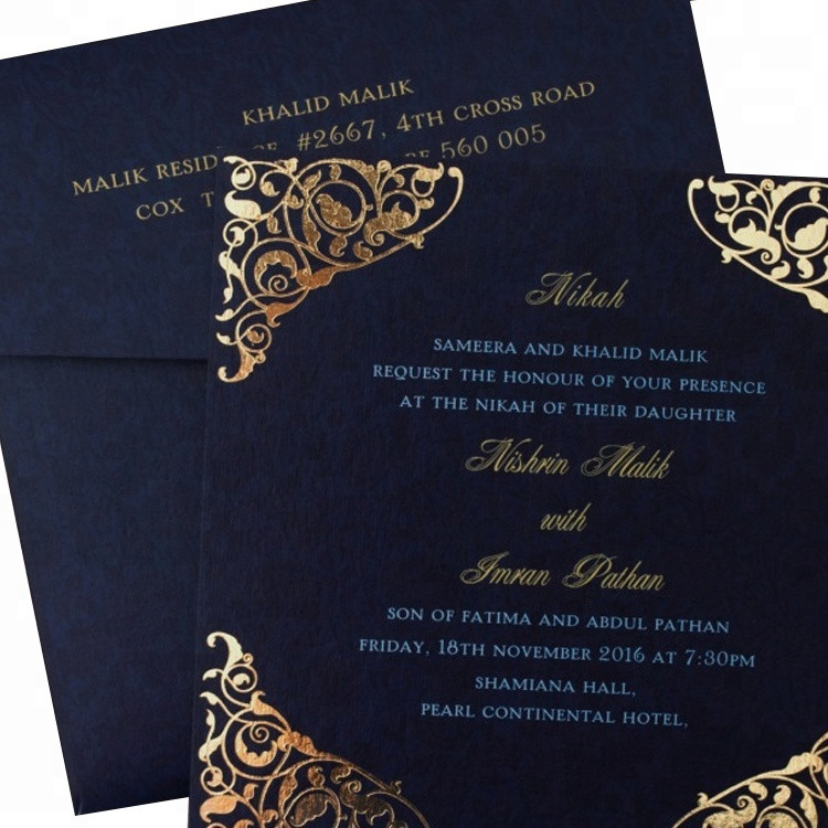 Muslim Wedding Invitations
 Royal Blue Muslim Wedding Invitation Card Gold Stamping