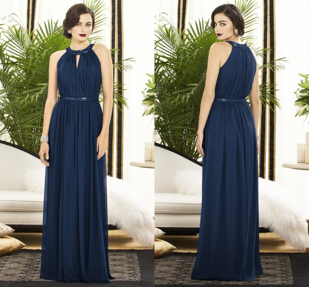 Navy Blue Dresses For Wedding
 Charming A line Wedding Party Gowns Long Chiffon Navy Blue
