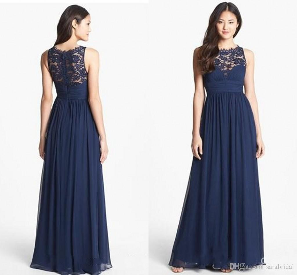 Navy Blue Dresses For Wedding
 Navy Blue Chiffon Long Bridesmaid Dresses Lace 2018 Floor