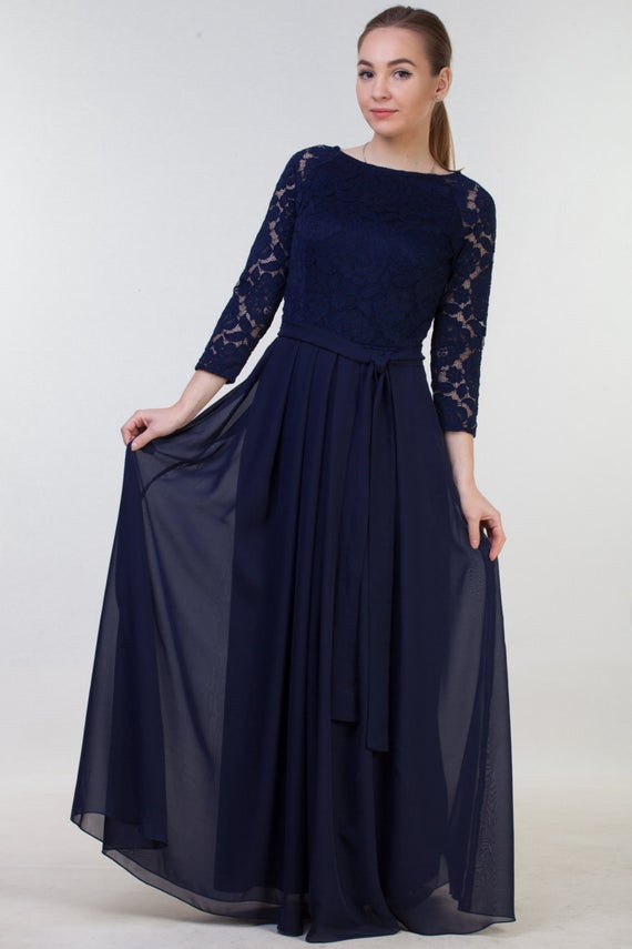 Navy Blue Dresses For Wedding
 Long navy blue bridesmaid dress with sleeves Navy blue lace