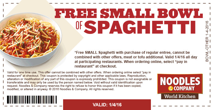 Noodles Coupon Code
 Noodle & pany FREE Small Bowl of Spaghetti Coupon