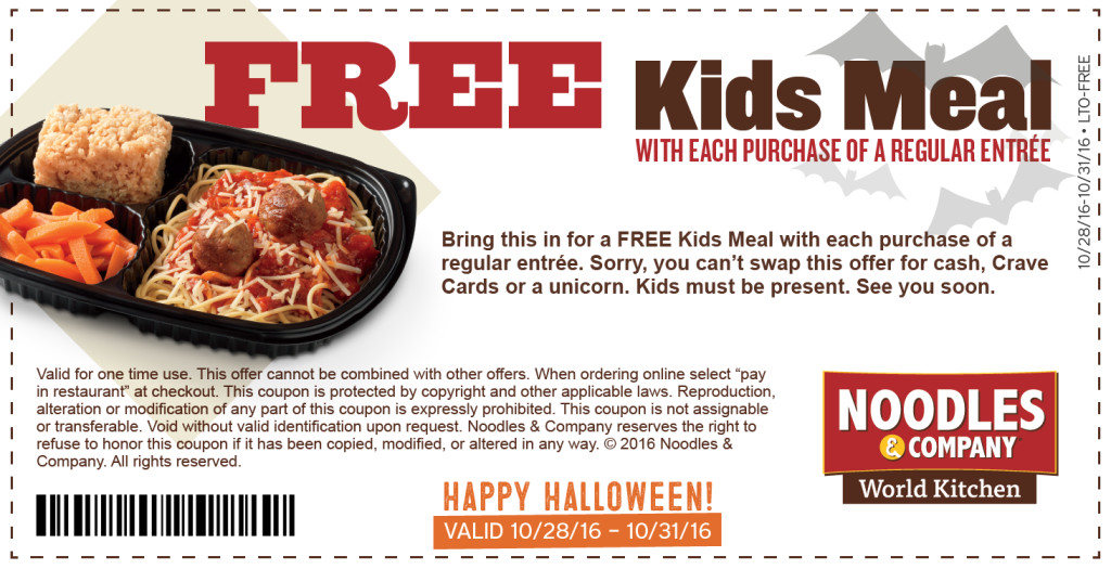 Noodles Coupon Code
 Noodles & pany FREE Kids Meal with EACH Regular Entree