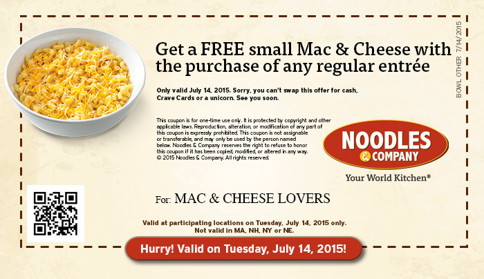 Noodles Coupon Code
 FREE Mac & Cheese with purchase at Noodles & pany
