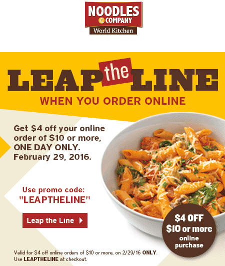 Noodles Coupon Code
 Noodles & pany coupons $4 off $10 online Monday at
