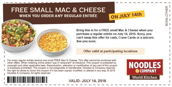 Noodles Coupon Code
 Noodles & Co Free small mac & cheese with entree purchase