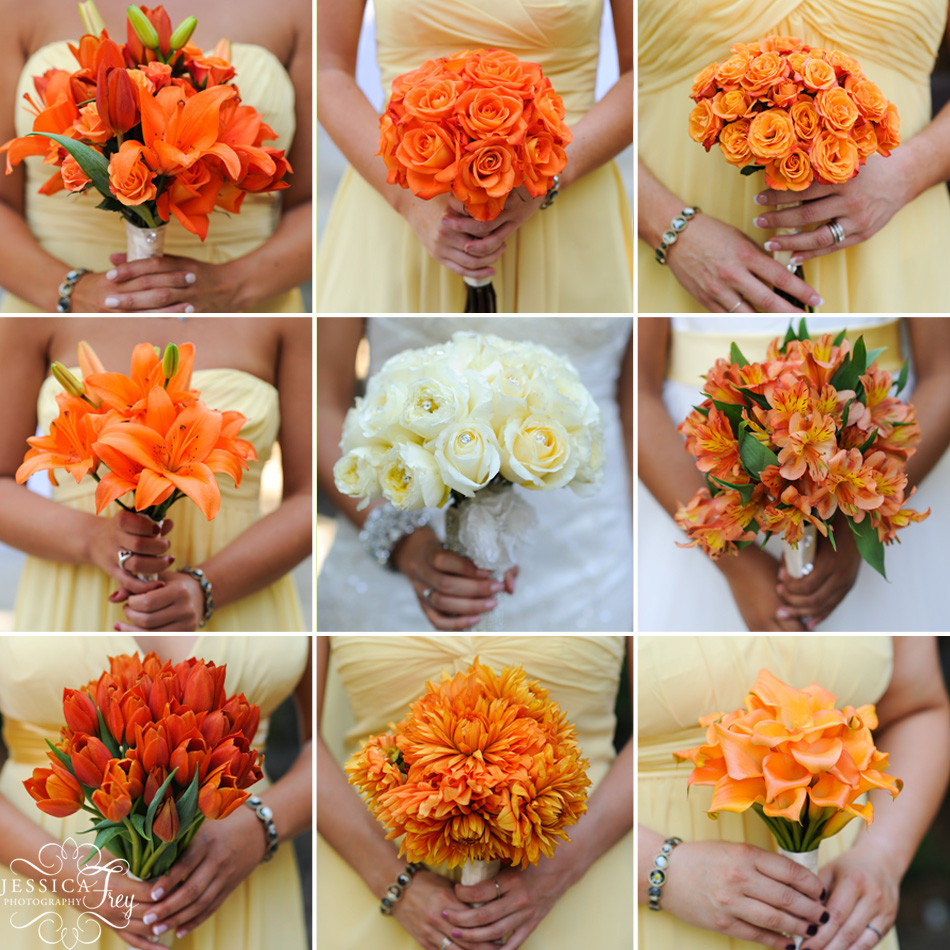 Orange Wedding Flowers
 yellow dresses with orange bouquets