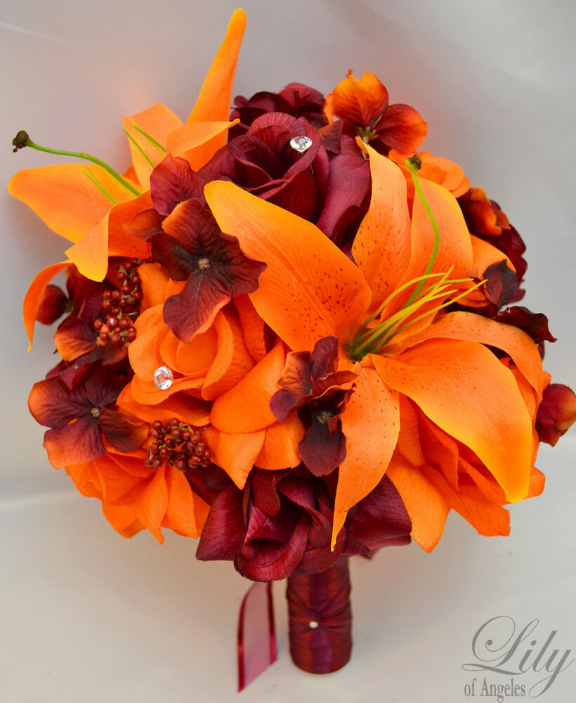 Orange Wedding Flowers
 17 pcs Wedding Bridal Bouquet Silk Flower Package ORANGE