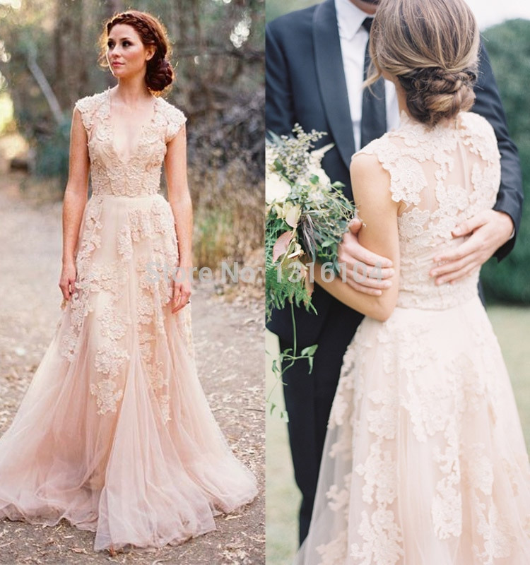 Outdoor Wedding Dresses
 2016 new Light champagne deep V neck vintage lace bride