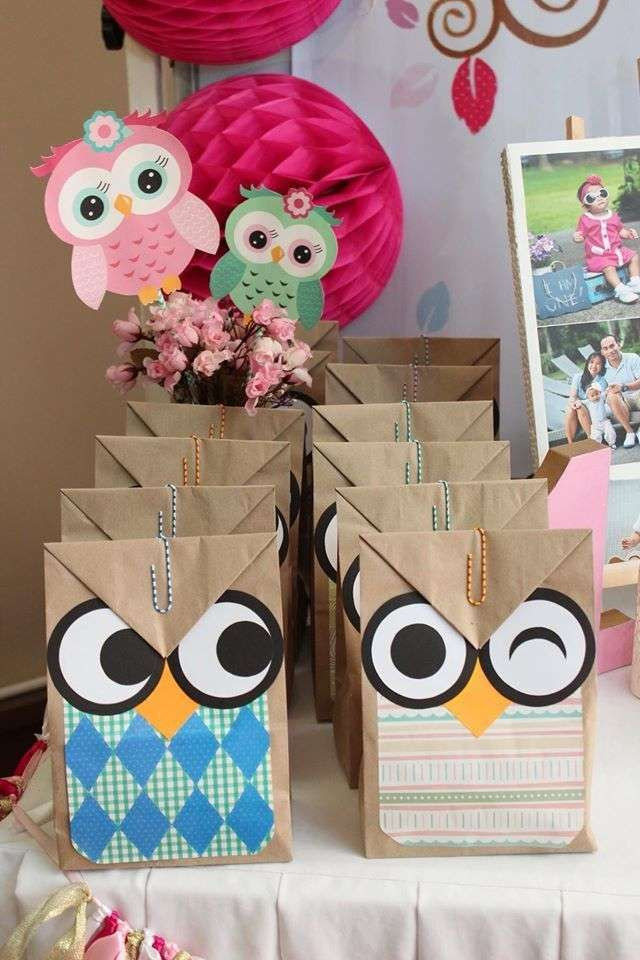 Owl Birthday Party Decorations
 Fun favor bags at an owl birthday party See more party